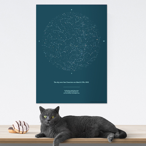 Eine blaugraue Sternenkarte mit einer Katze daneben